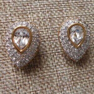 Swarovski Teardrop Clip On Earrings Clear Crystal  Signed Vintage
